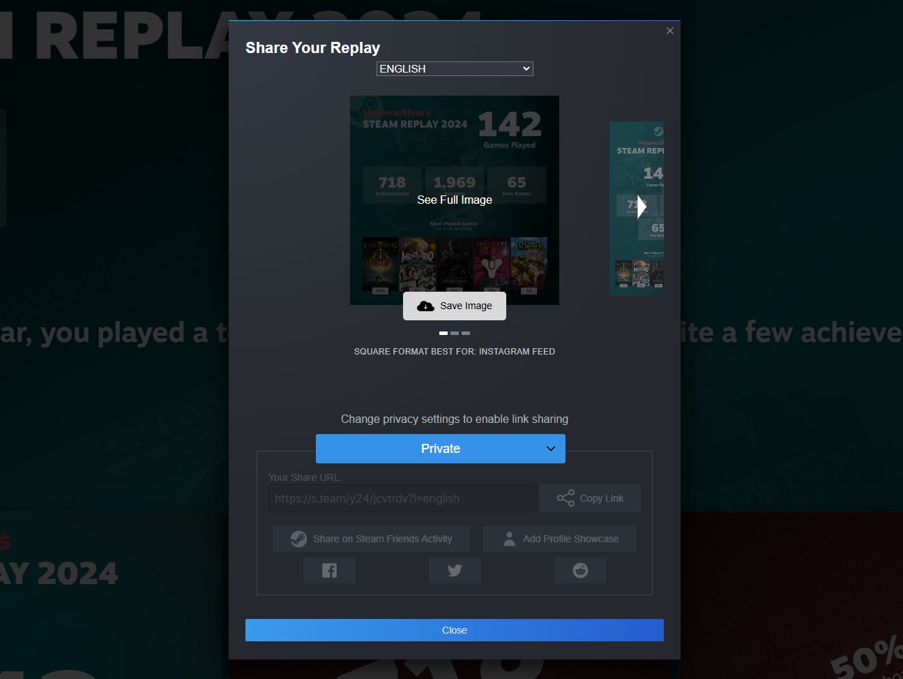 Configurações de compartilhamento para Steam Replay 2024.
