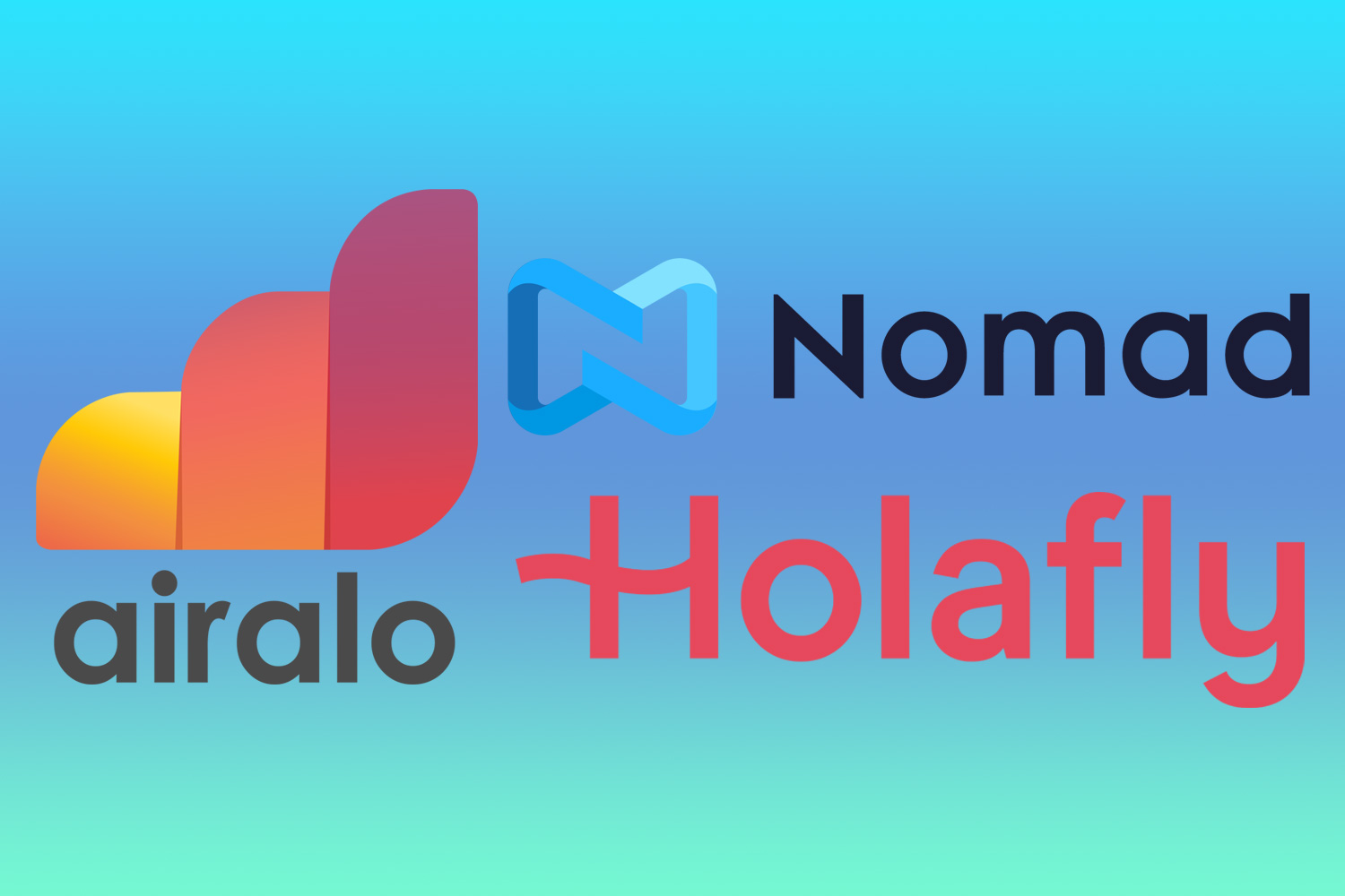 Логотипы Airalo, Nomad и Holafly на сине-зеленом градиентном фоне.