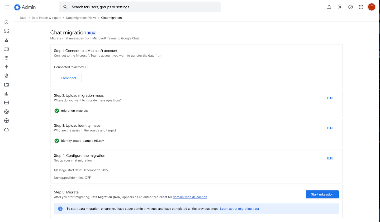 Uma captura de tela das novas configurações de migração no Google Chat.