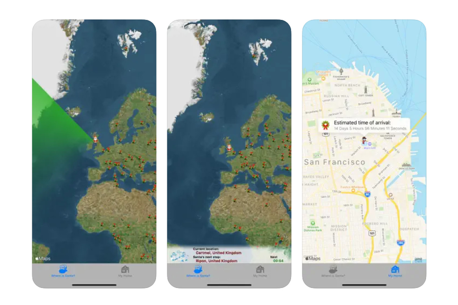 Captures d'écran de l'application Where is Santa Lite sur iPhone, montrant la carte avec l'emplacement du Père Noël.