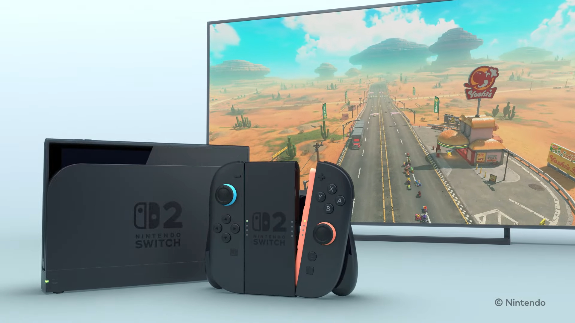 The Switch 2 next to a TV with Mario Kart.