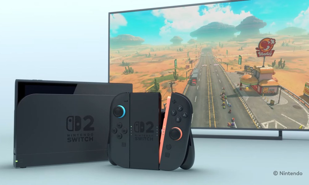 The Switch 2 next to a TV with Mario Kart.