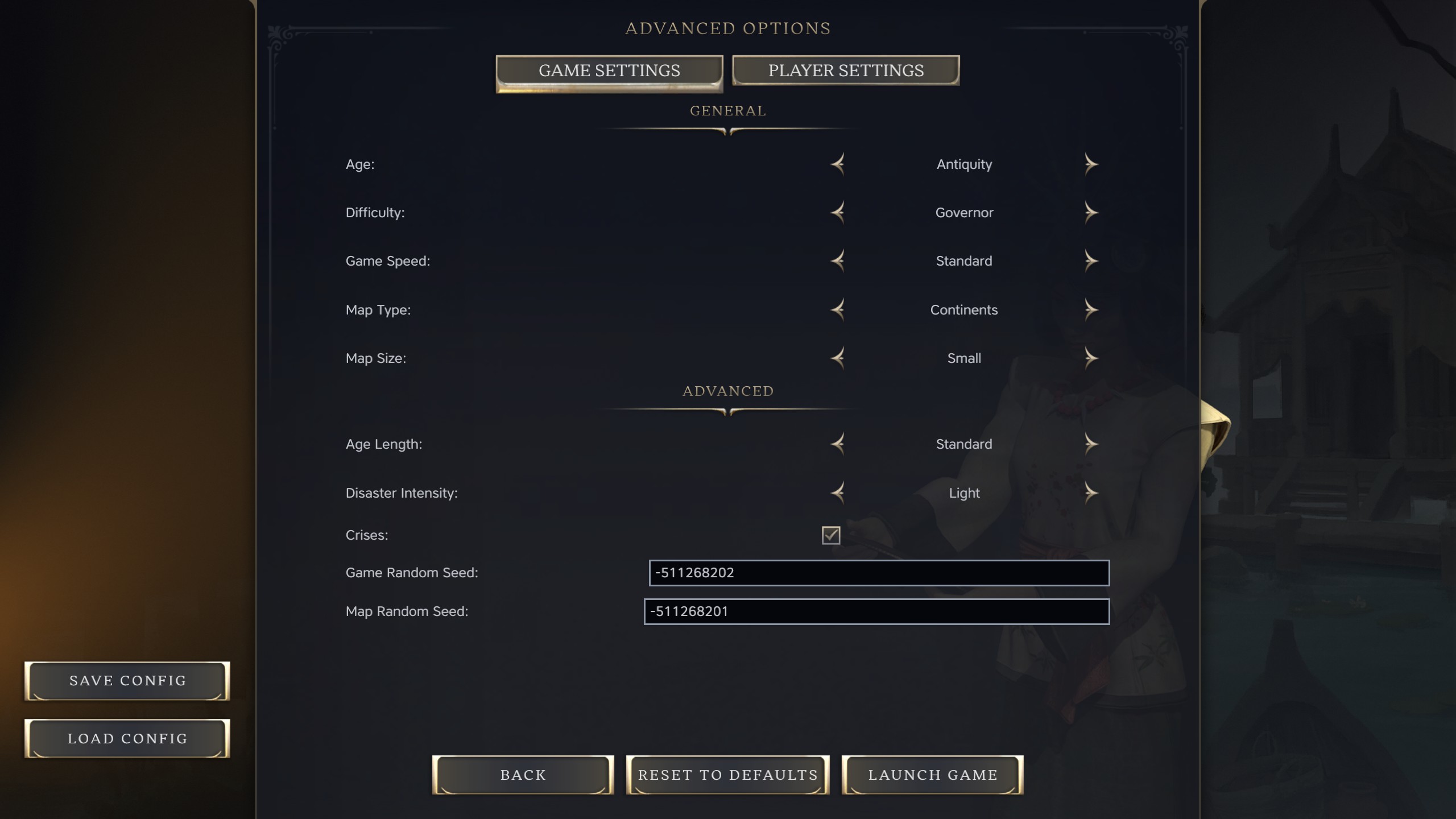 O menu de opções avançadas em Civilization 7.