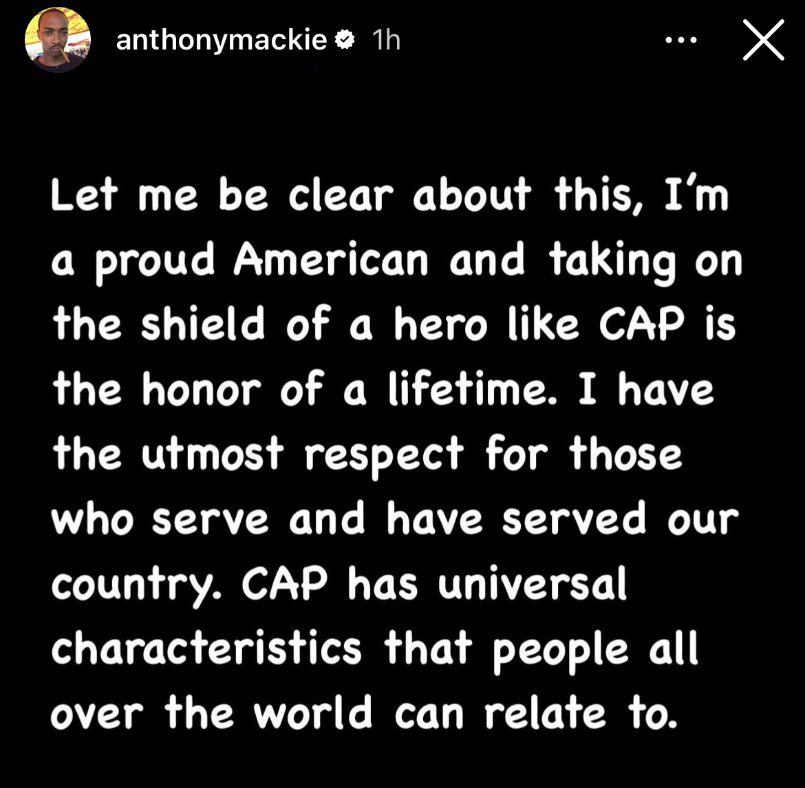 Anthony Mackie comenta em seu Instagram.