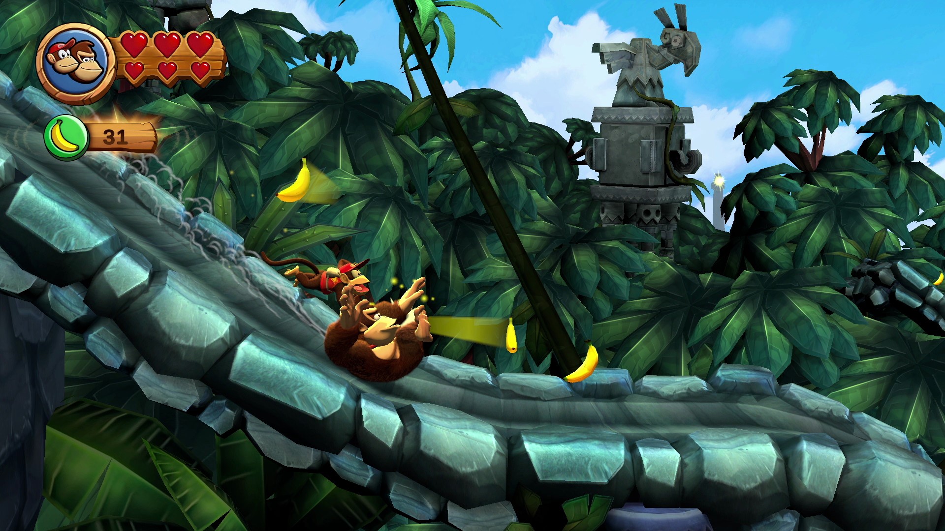 Donkey et Diddy Kong descendent d'un niveau dans Donkey Kong Country Returns HD.