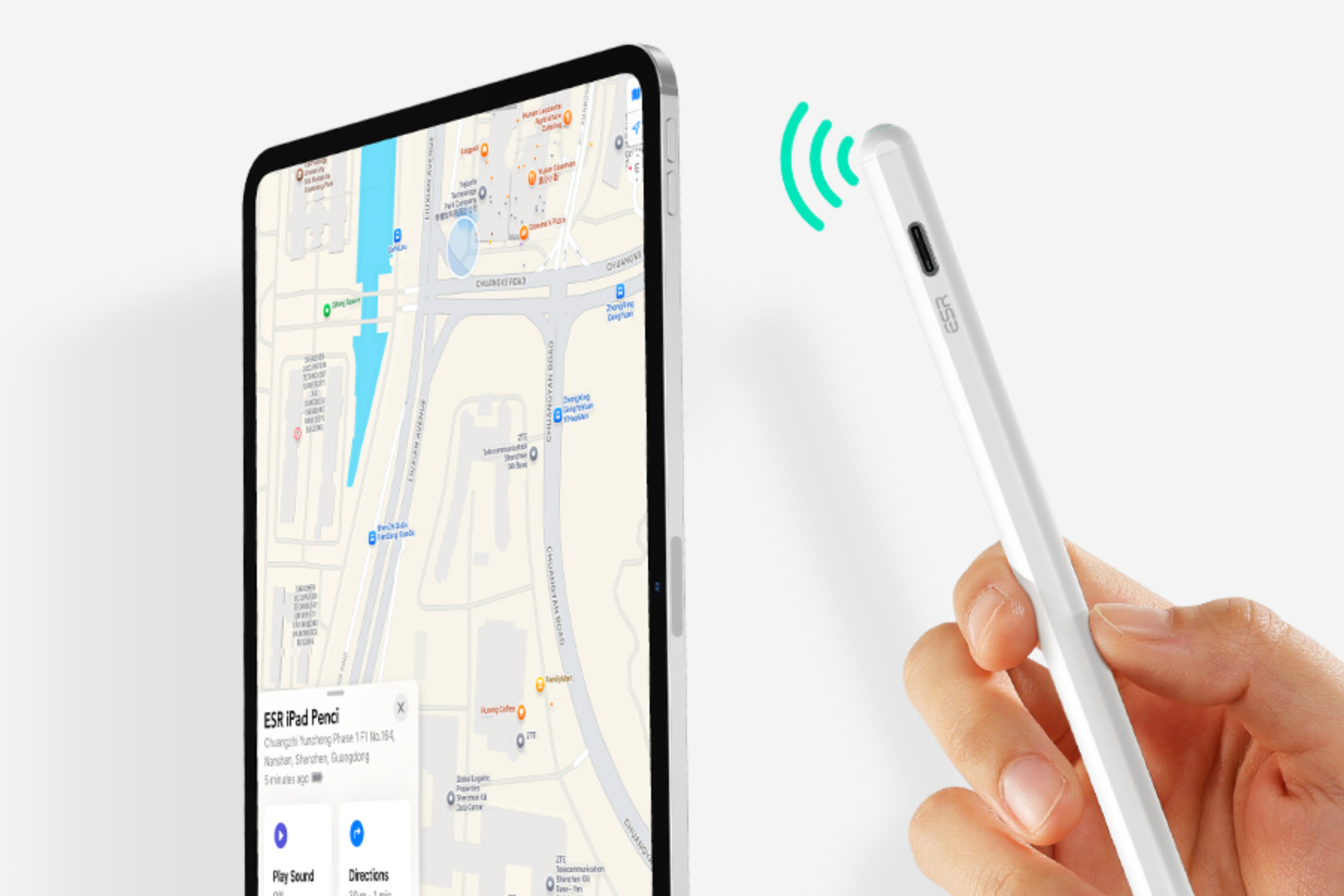 Représentation du support Apple Find My sur le crayon numérique ESR Geo.