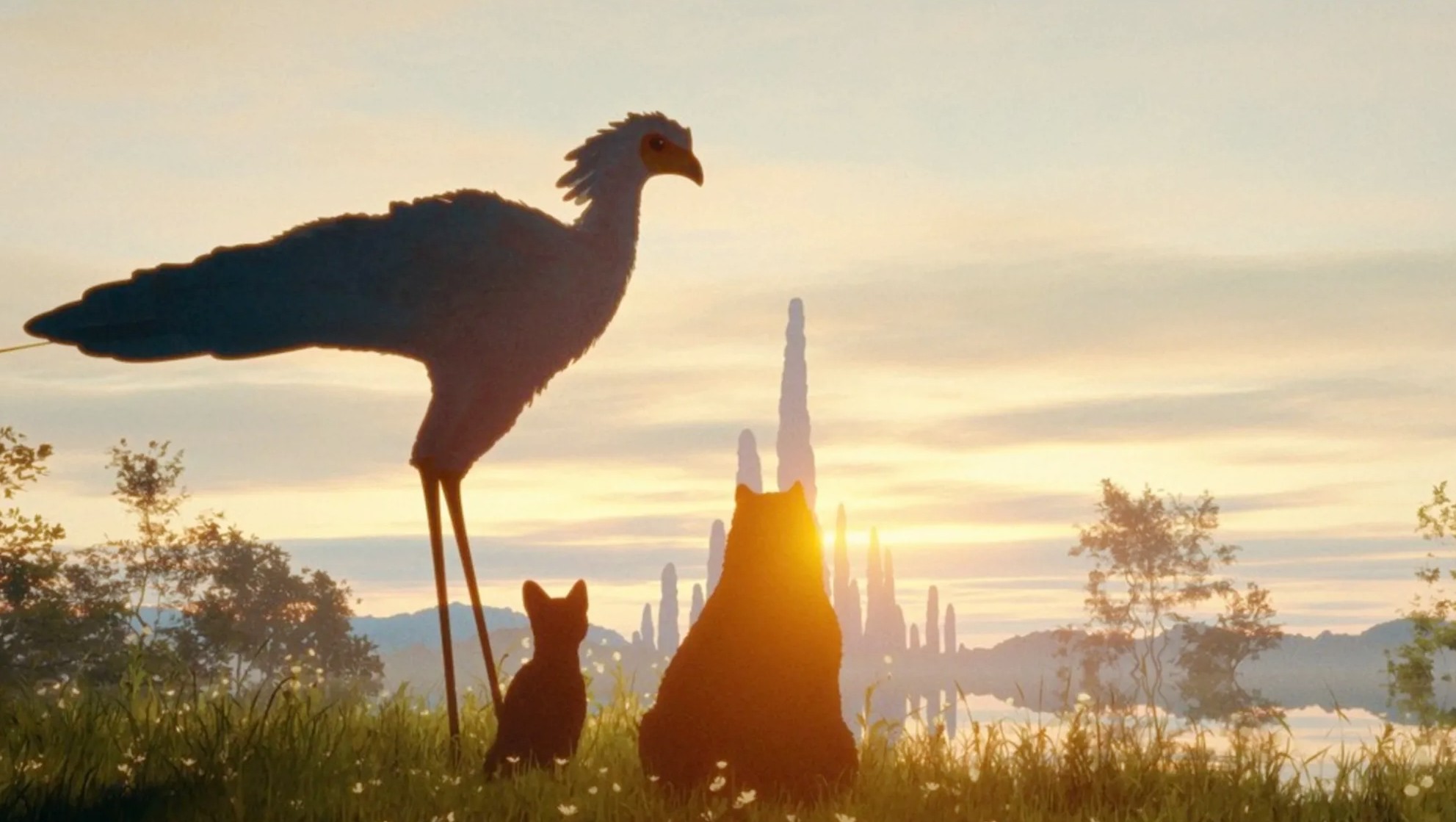 A big bird, a cat, and a capybara look at the sunset in a still from the movie Flow.