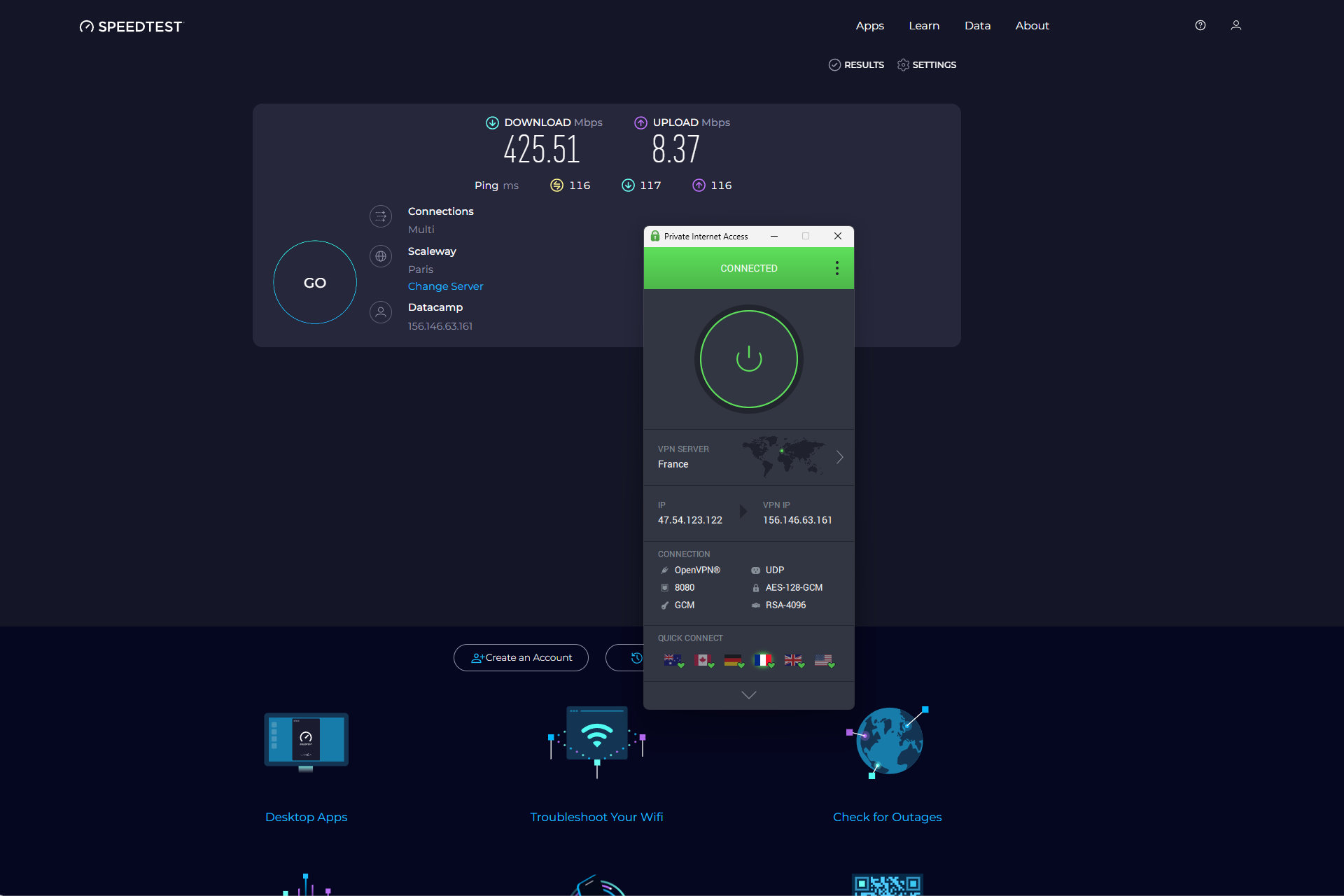 Pour certains emplacements, PIA a obtenu de meilleurs résultats avec le protocole OpenVPN.