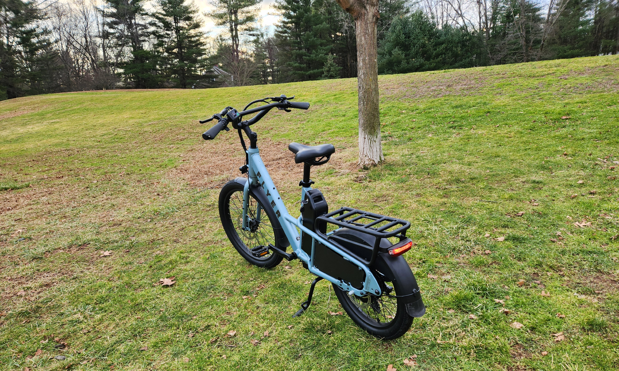 Radio Flyer Flex e-bike vista traseira esquerda de três quartos enfatizando a bateria, o rack traseiro e o bloqueio dos raios da roda traseira.