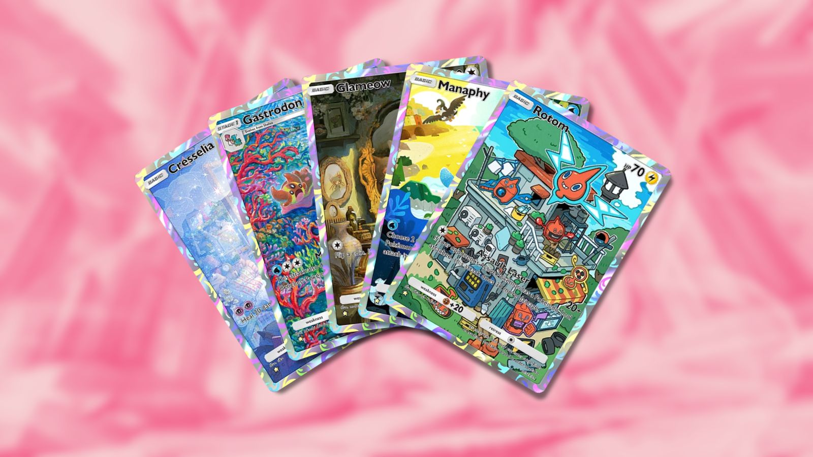 Кресселия, Гастродон, Гламеоу, Манафи и Ротом в Pokemon TCG Pocket.