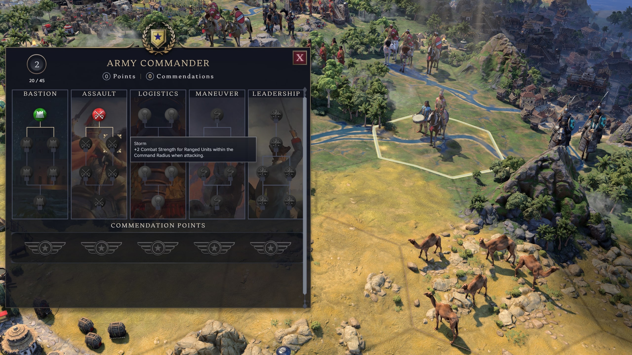 Un arbre de compétences de commandant dans Civilization 7.