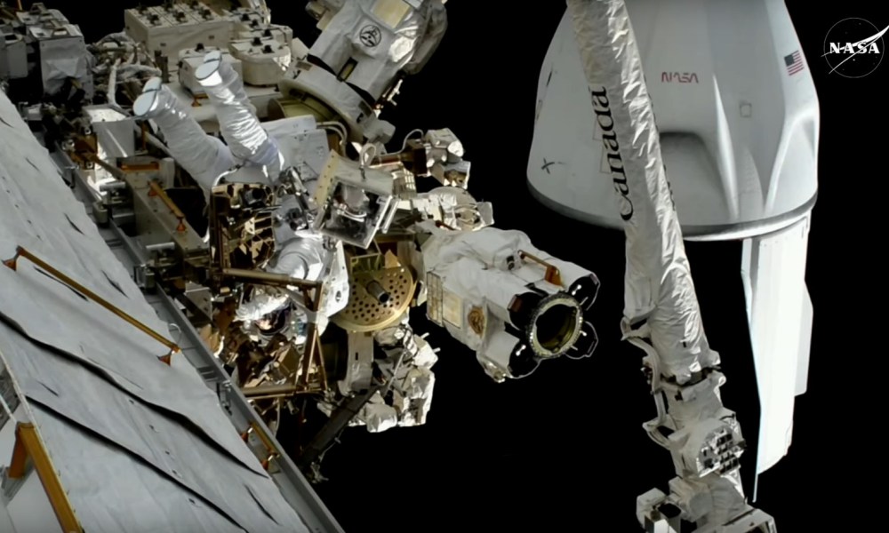 NASA astronauts Nick Hague and Suni Williams work on the exterior of the ISS on January 16, 2025.