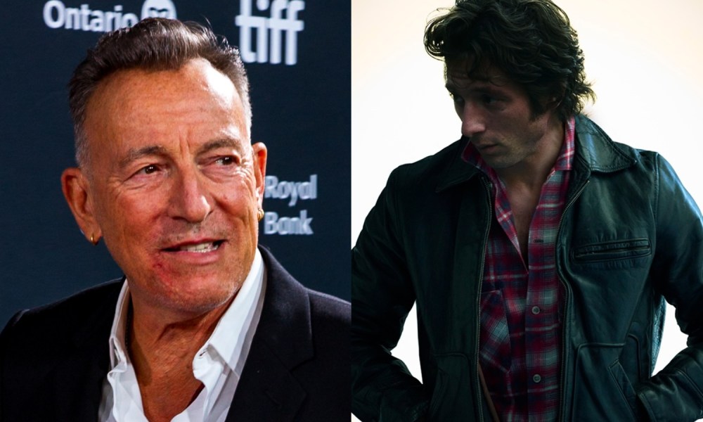 Bruce Springsteen smirks on the left as Jeremy Allen White poses on the right.