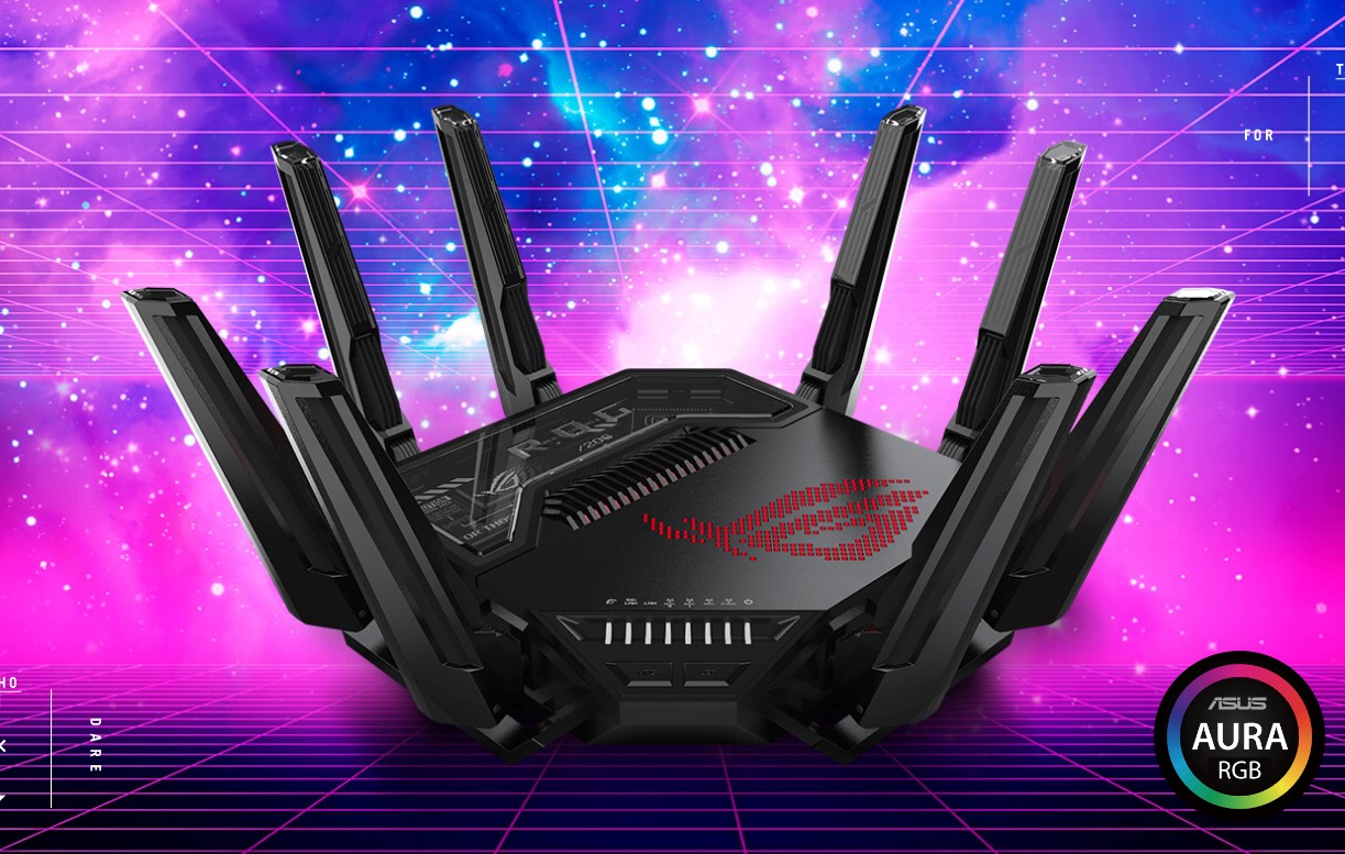 An Asus Rapture GT BE98 Pro router over a galactic background.