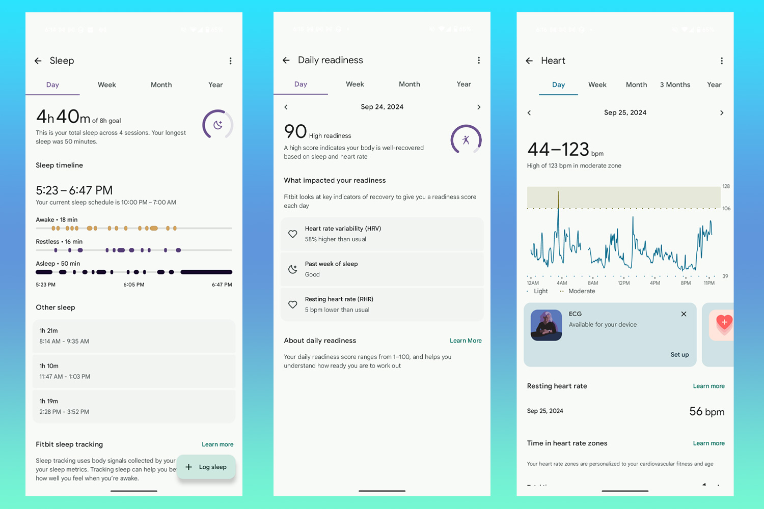 Sleep, Heart and Readiness reports generated in the Fitbit app