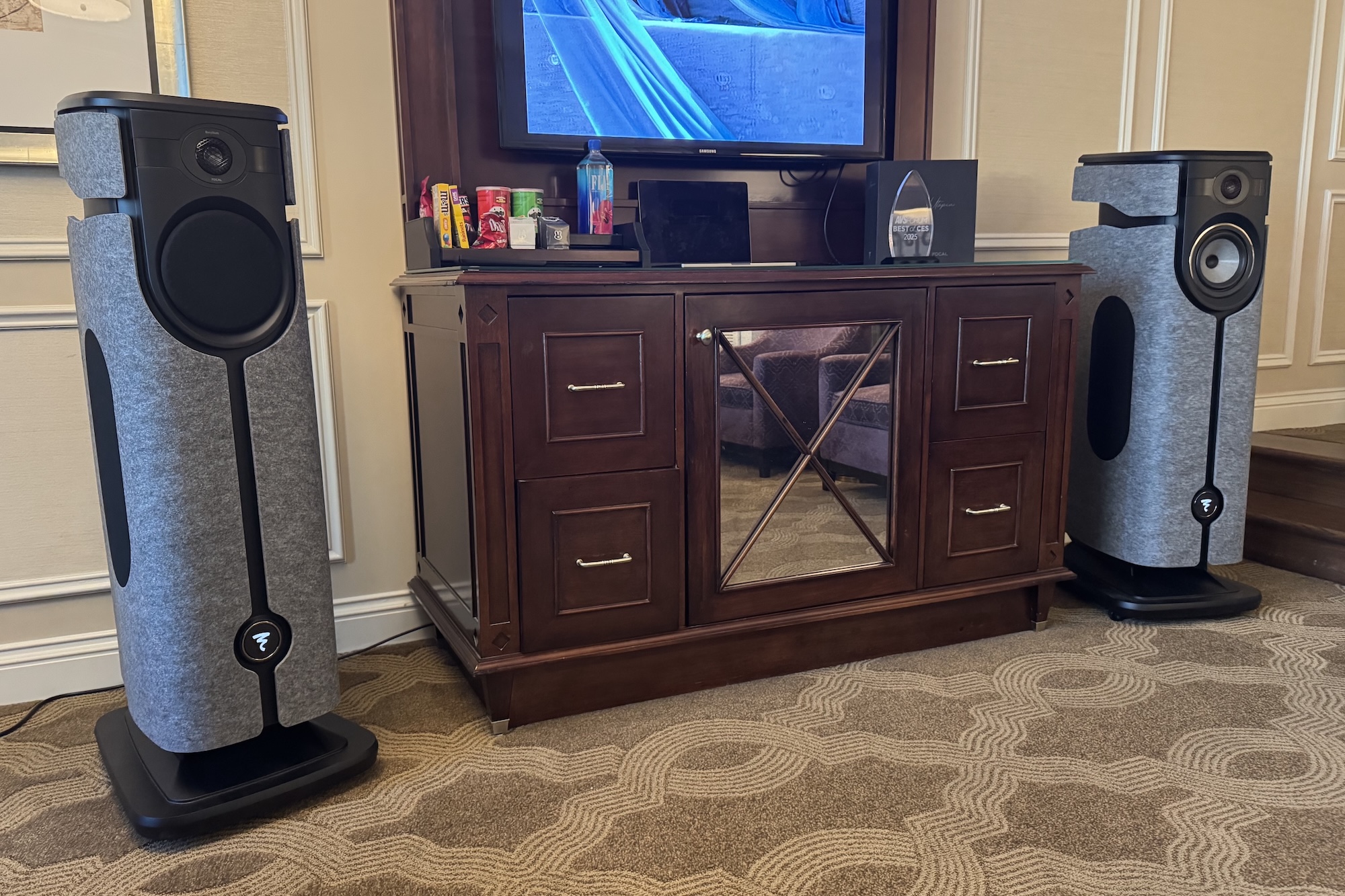 The Foacl Diva Utopia speakers with grey felt panels in a suite during CES 2025.