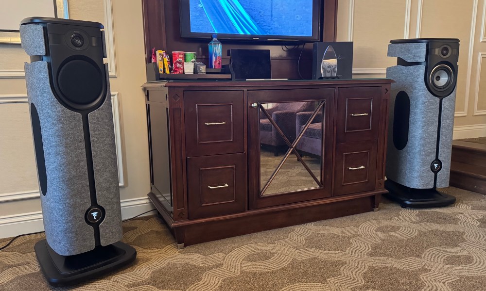 The Foacl Diva Utopia speakers with grey felt panels in a suite during CES 2025.