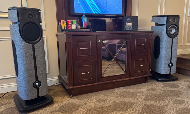 The Foacl Diva Utopia speakers with grey felt panels in a suite during CES 2025.