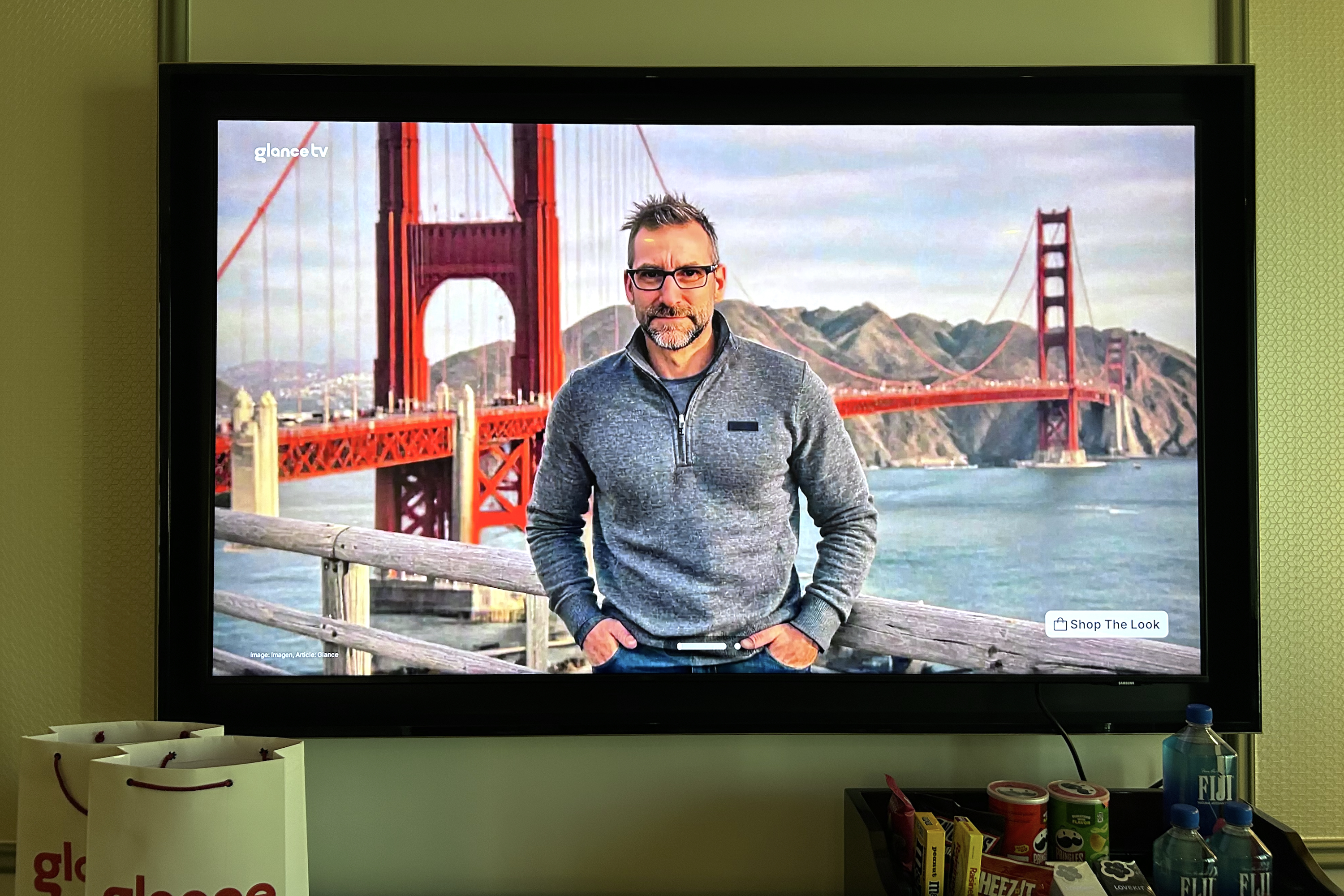 An AI-generated image of Simon Cohen on a GlanceTV screen.