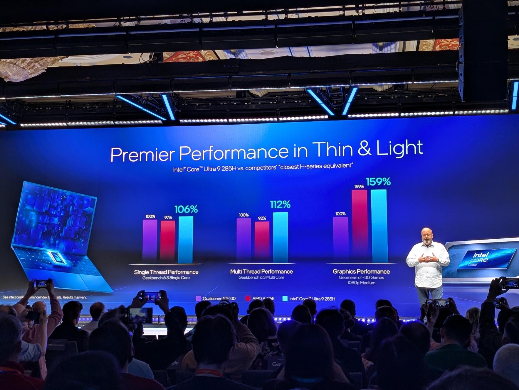 Intel apresentando desempenho para processadores Core Ultra 200H na CES 2025.