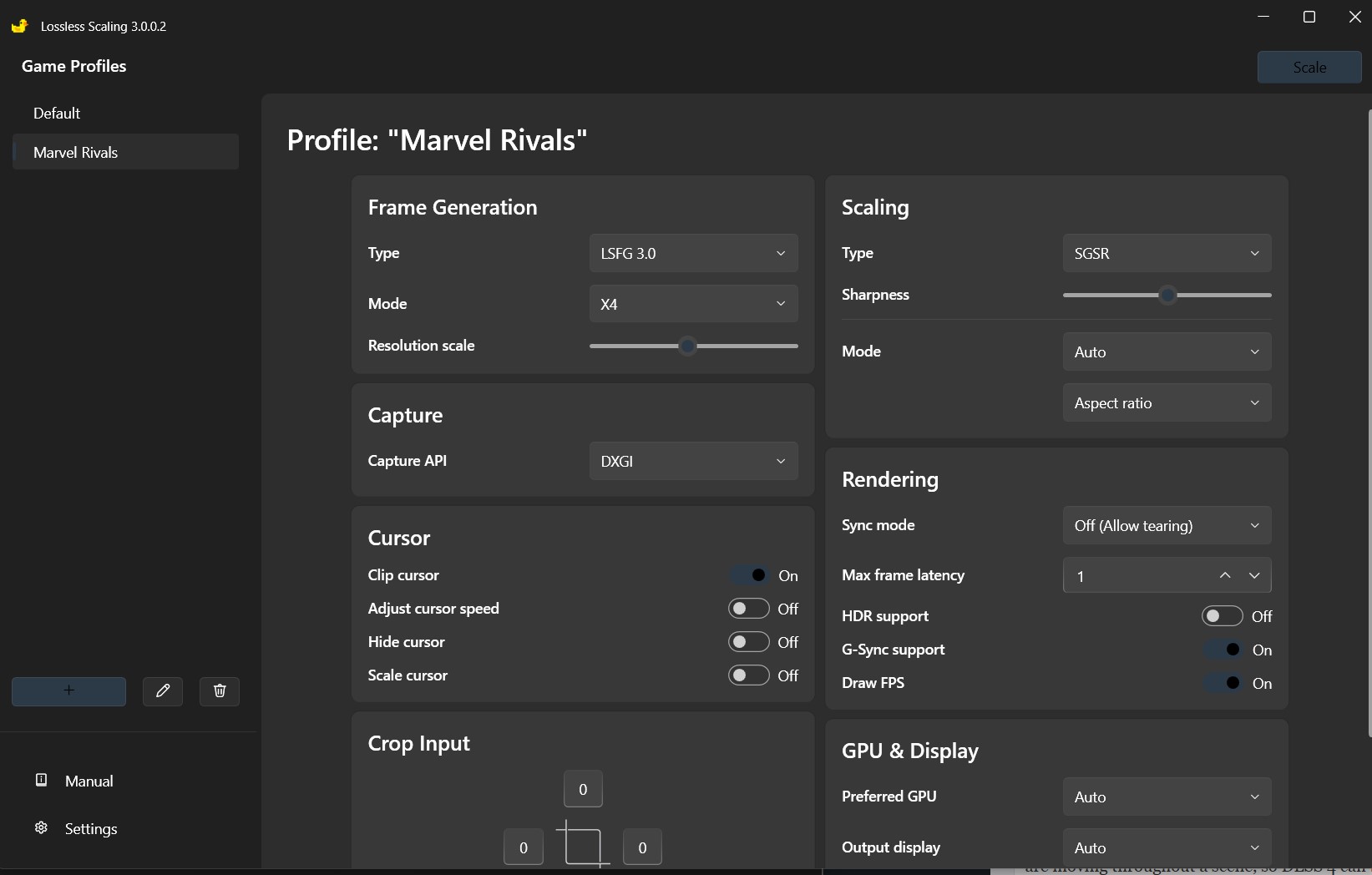 Options in Lossless Scaling. 