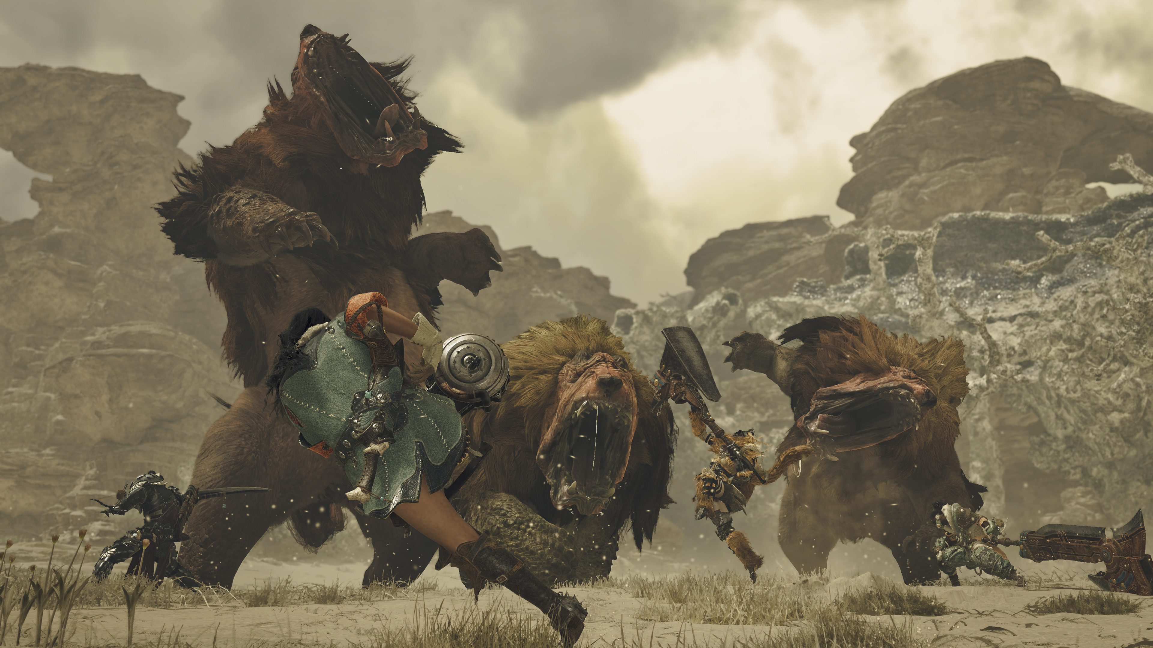 Two characters hunt a monster in Monster Hunter Wilds.