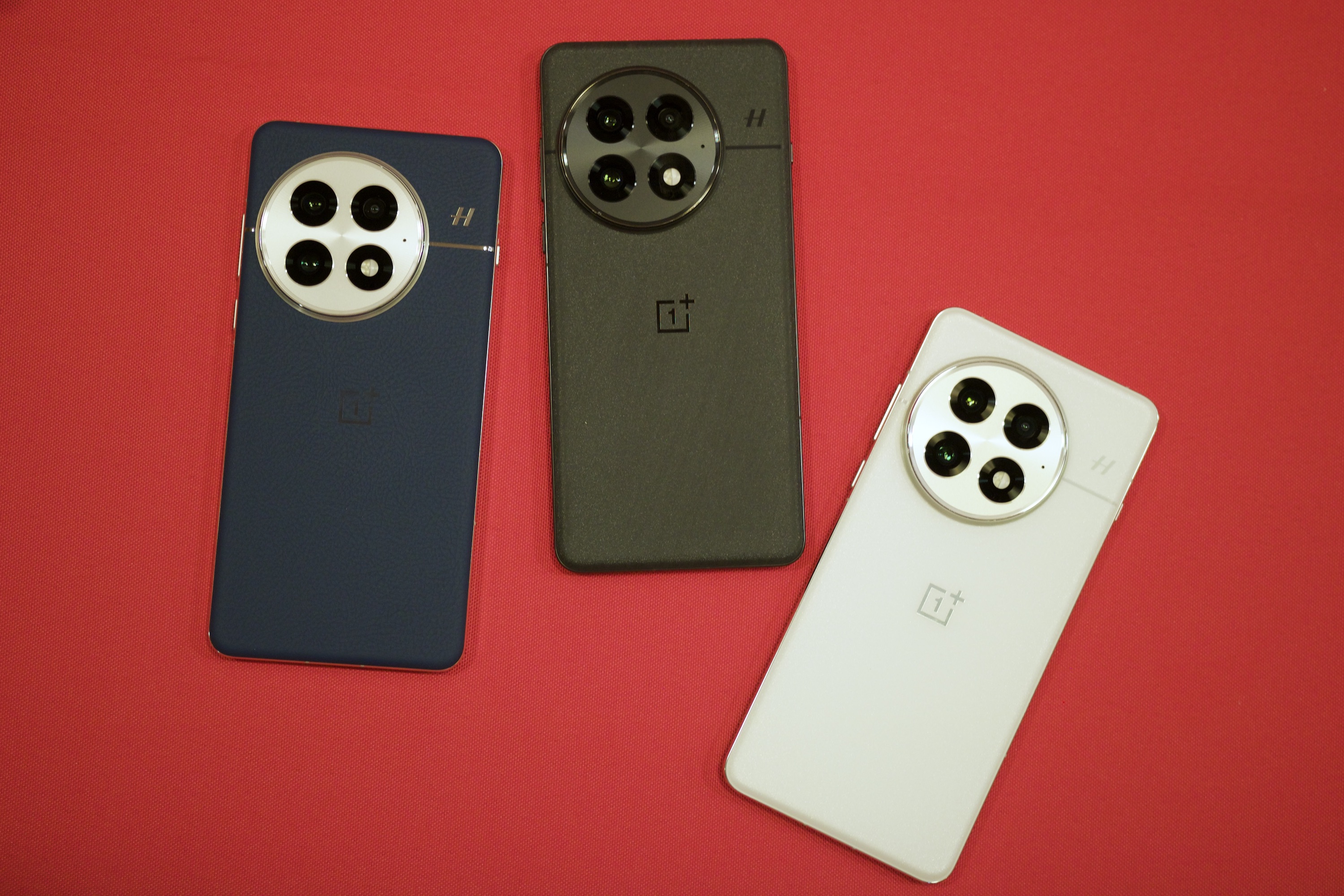 Trois smartphones OnePlus 13 côte à côte, affichant les trois couleurs.