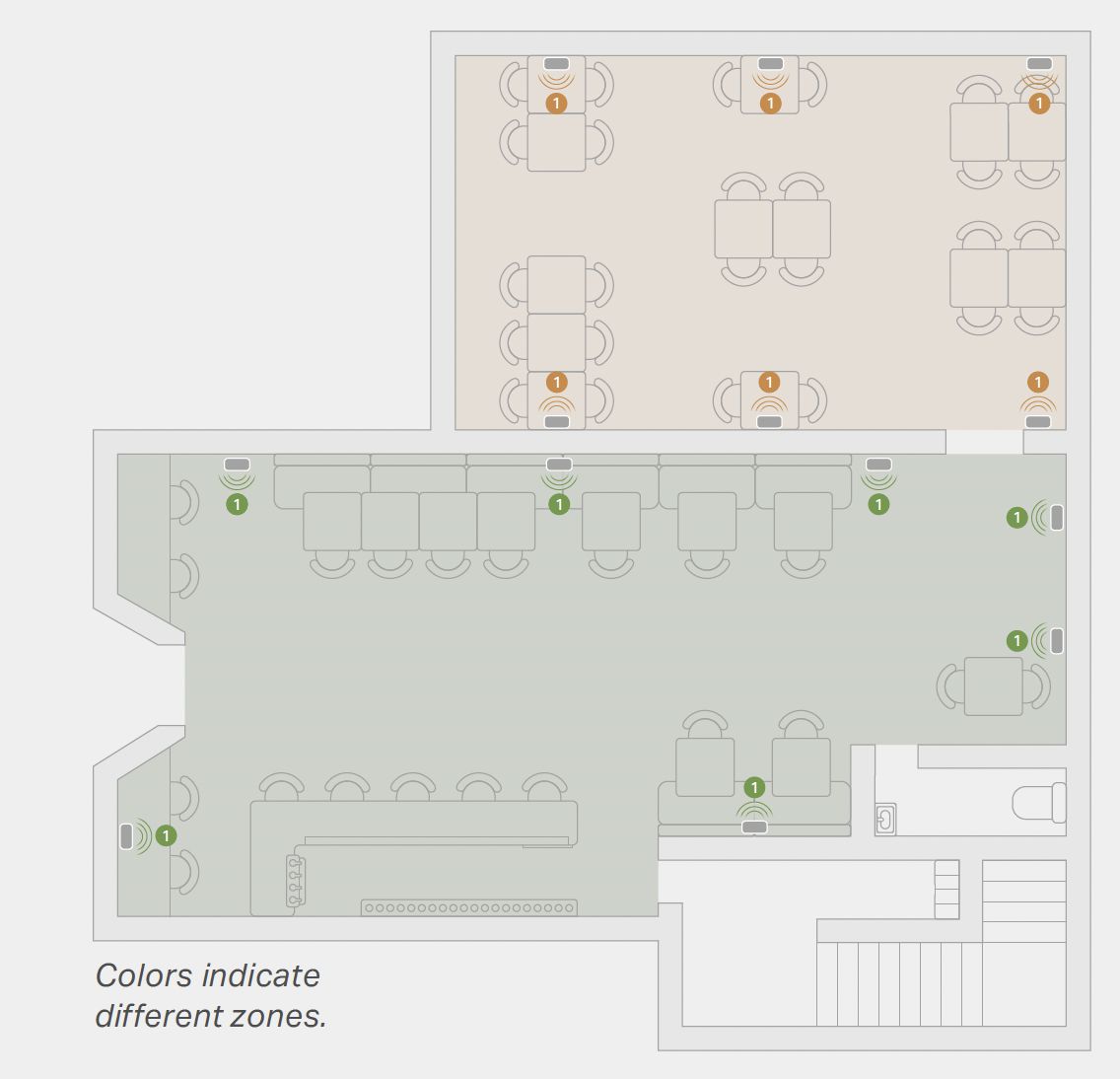 Un diagrama de dos zonas de productos Sonos en un espacio comercial.