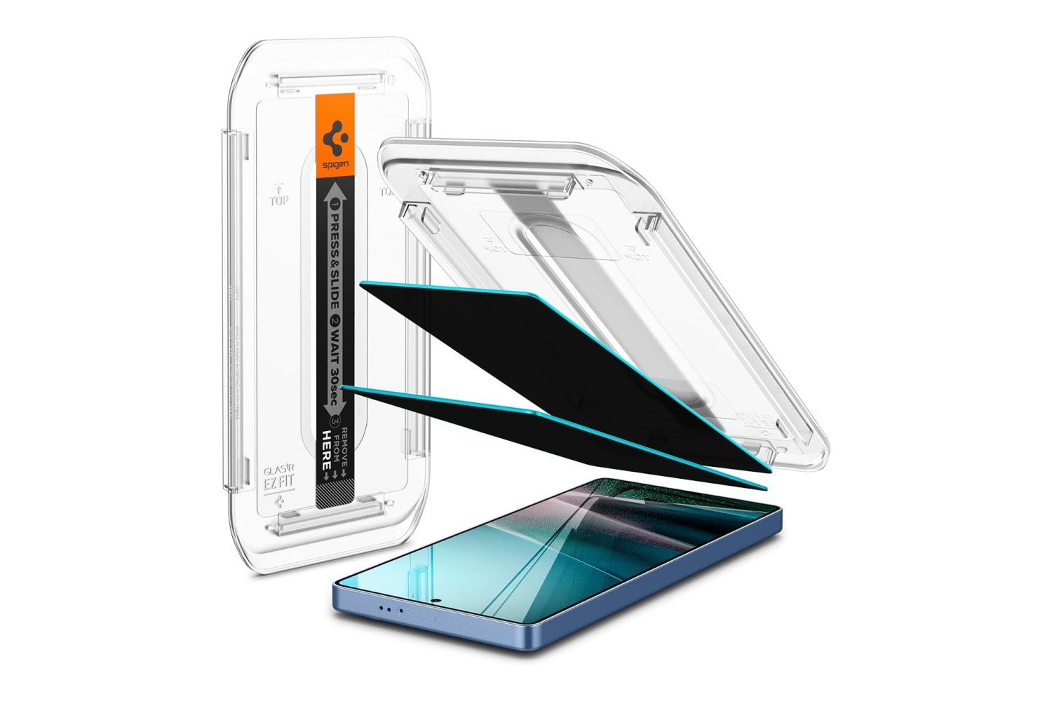 Spigen Glas.tR EZ Fit Displayschutzfolie für das Samsung Galaxy S25 Ultra mit einfach anzubringendem Rahmen, Schutzfolie und Gerät.