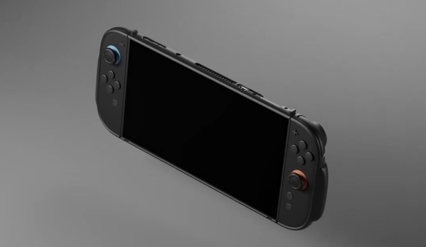 Uma maquete do Switch 2 fica em um gabinete Genki.