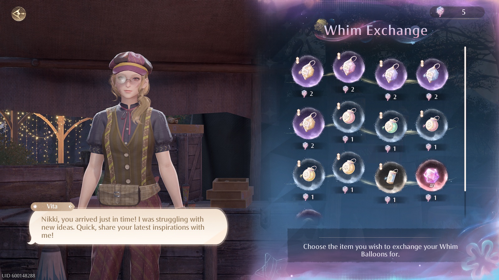 Vita Whim Exchange dans Infinity Nikki.