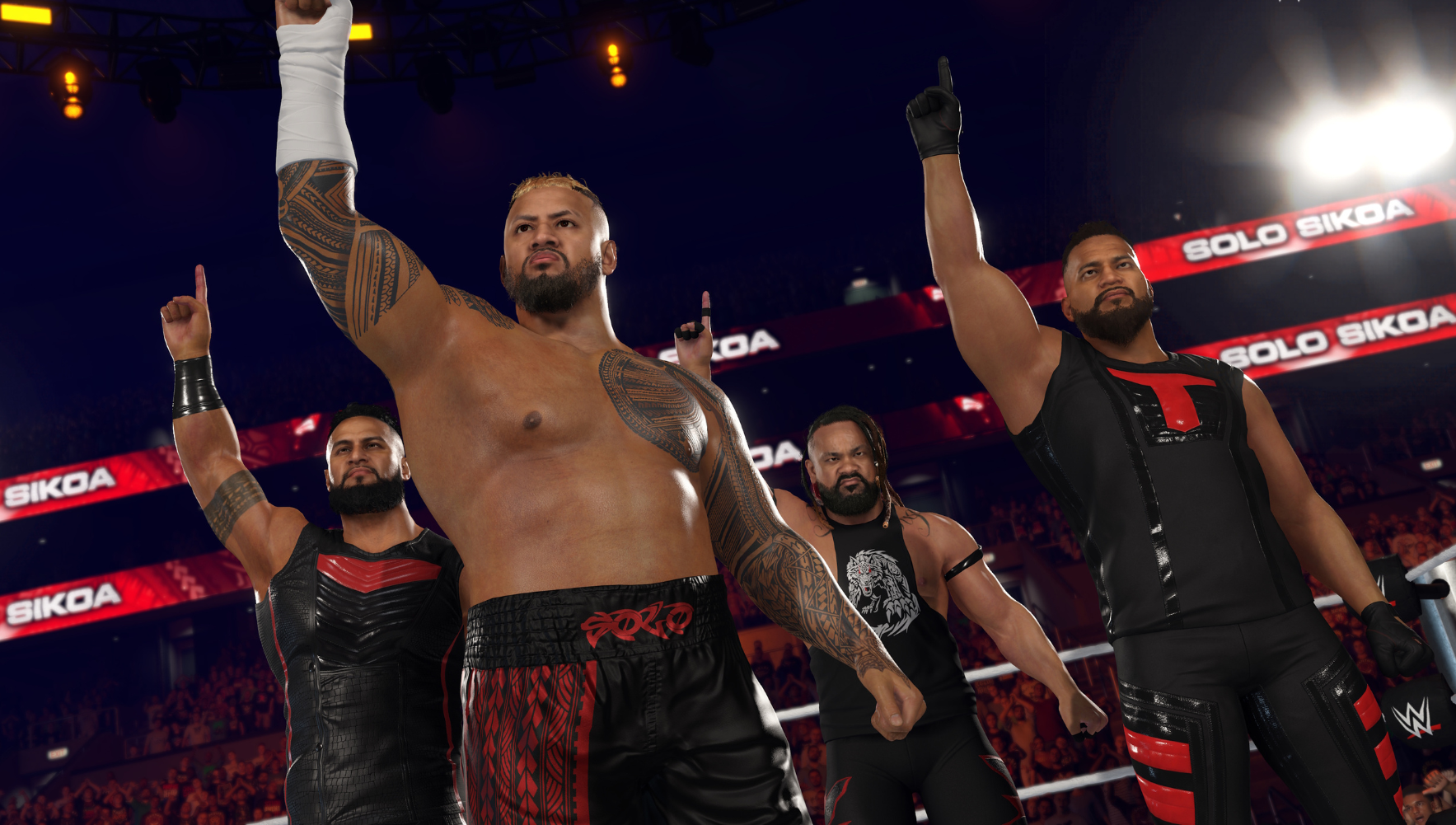 The Bloodline, liderado por Solo Sikoa, levanta los dedos hacia el cielo en WWE 2K25.