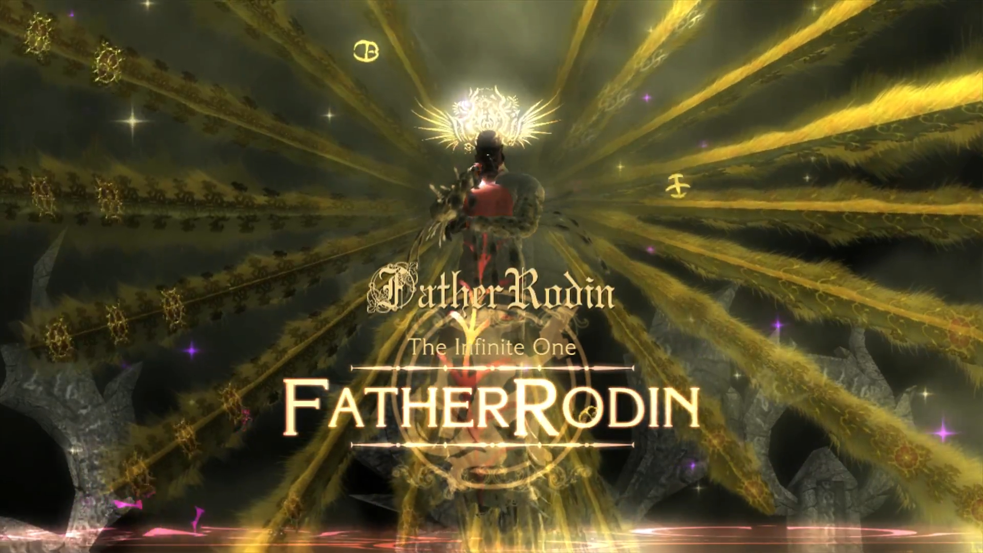 Father Rodin floating in light in Bayonetta.