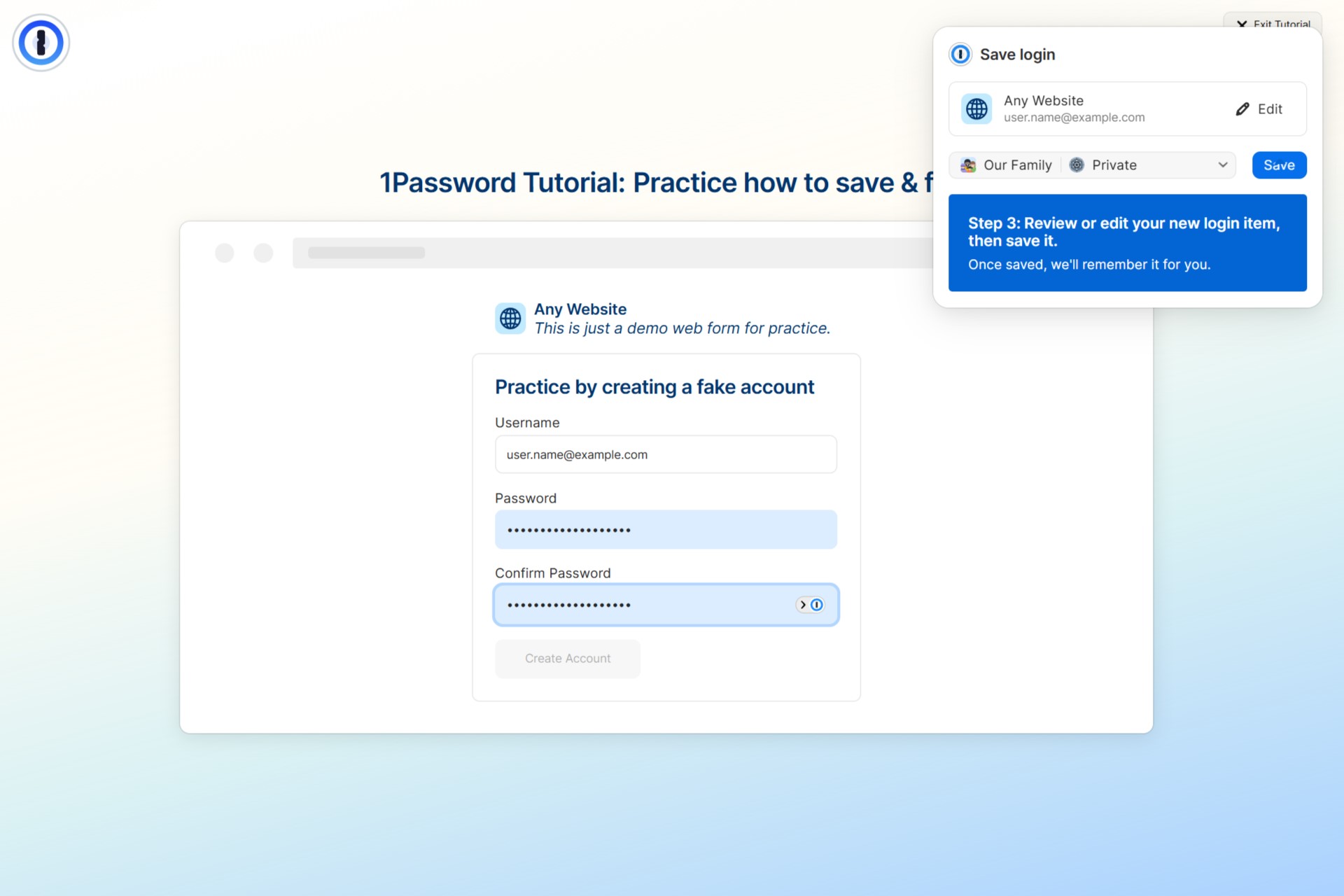 1Password mostrou um tutorial útil quando instalei a extensão do navegador.