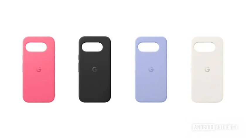 Quatre coques de téléphone montrant les couleurs potentielles du Pixel 9a.