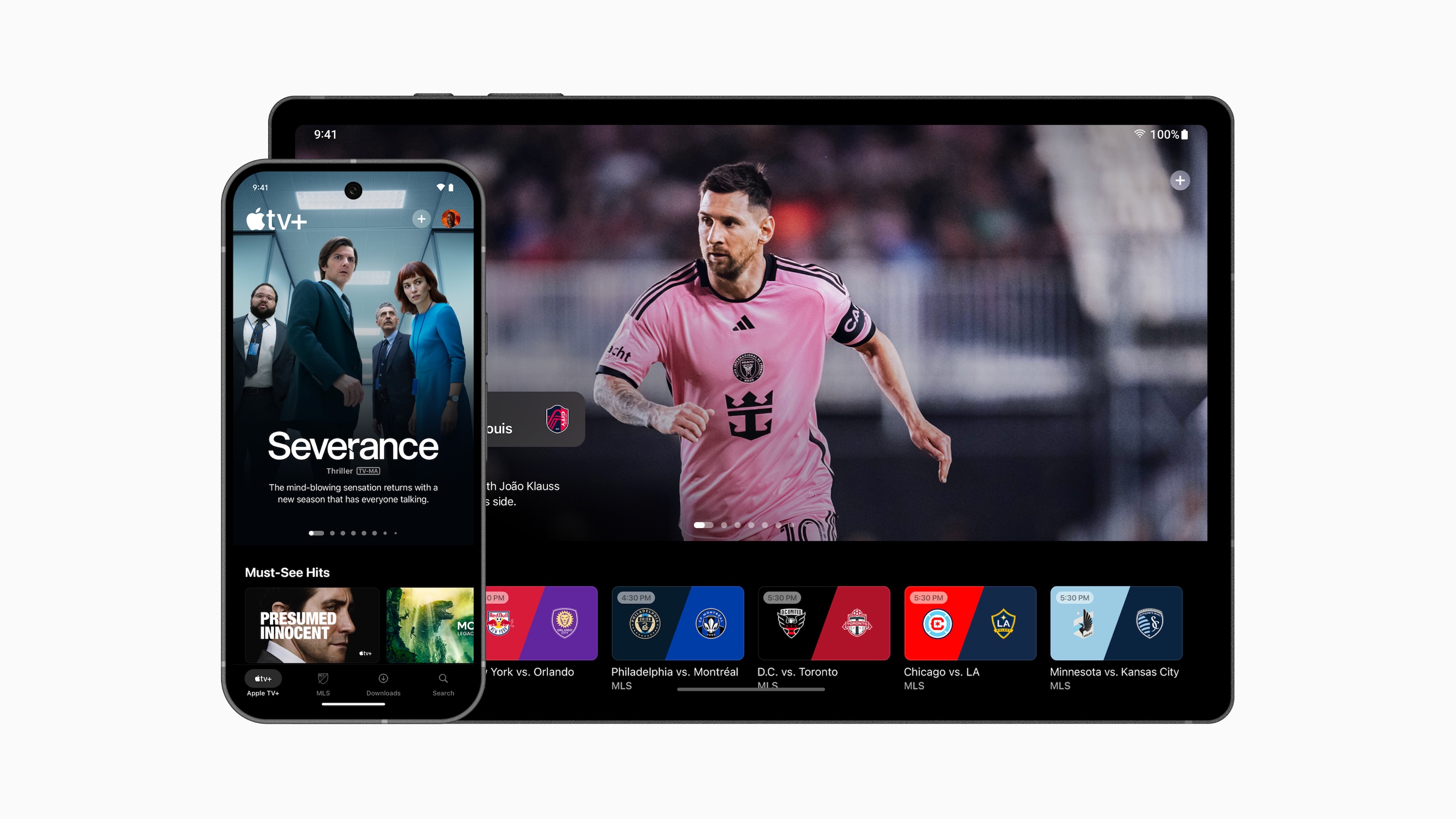 Ein Android-Telefon und -Tablet mit Screenshots der Apple TV-App auf weißem Hintergrund.