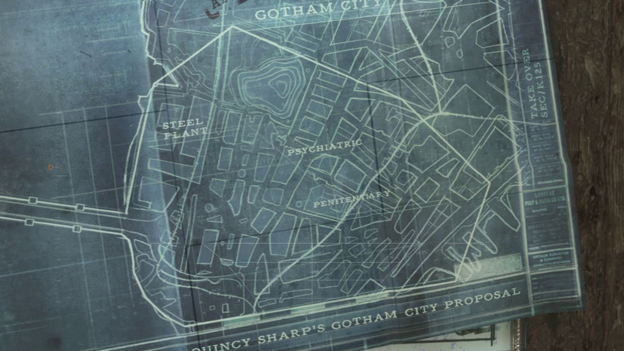 Une carte de la ville d'Arkham dans l'asile d'Arkham.