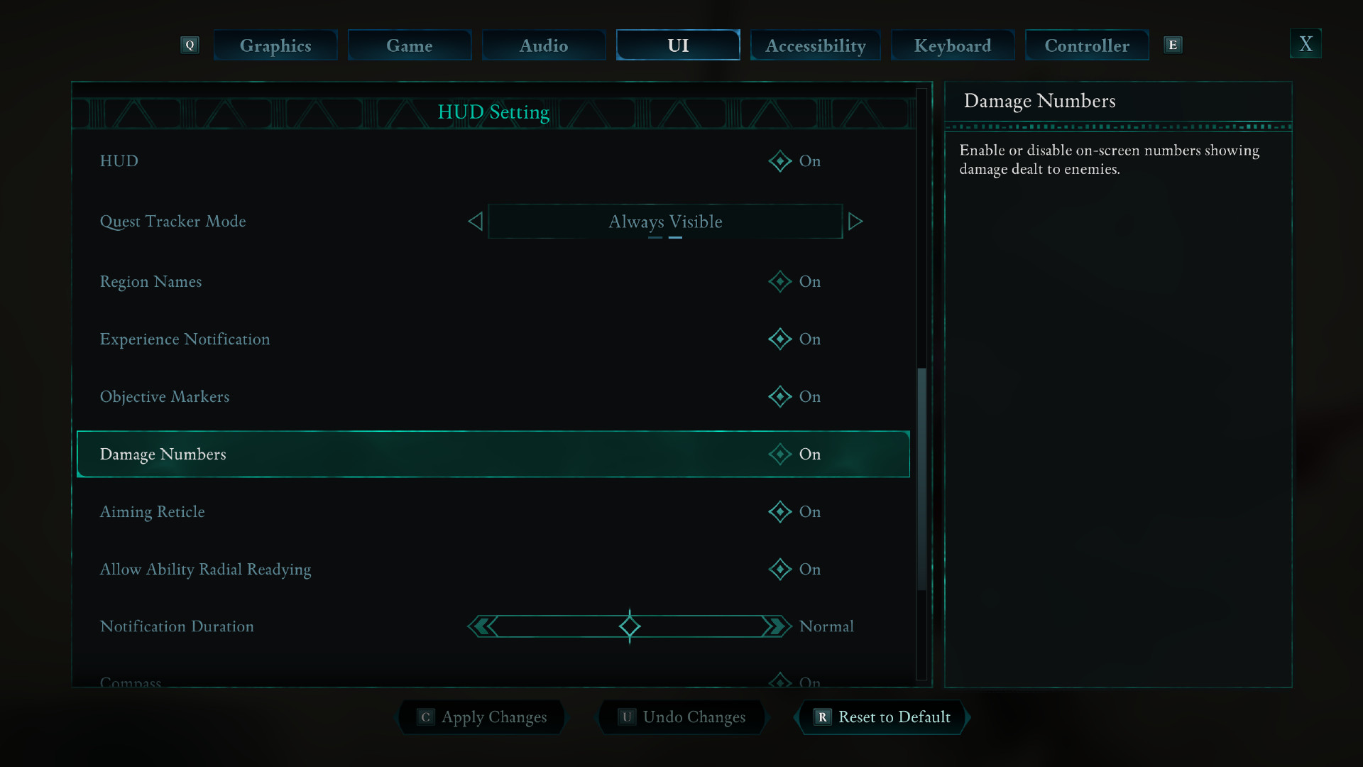 The settings menu in Avowed for damage numbers.