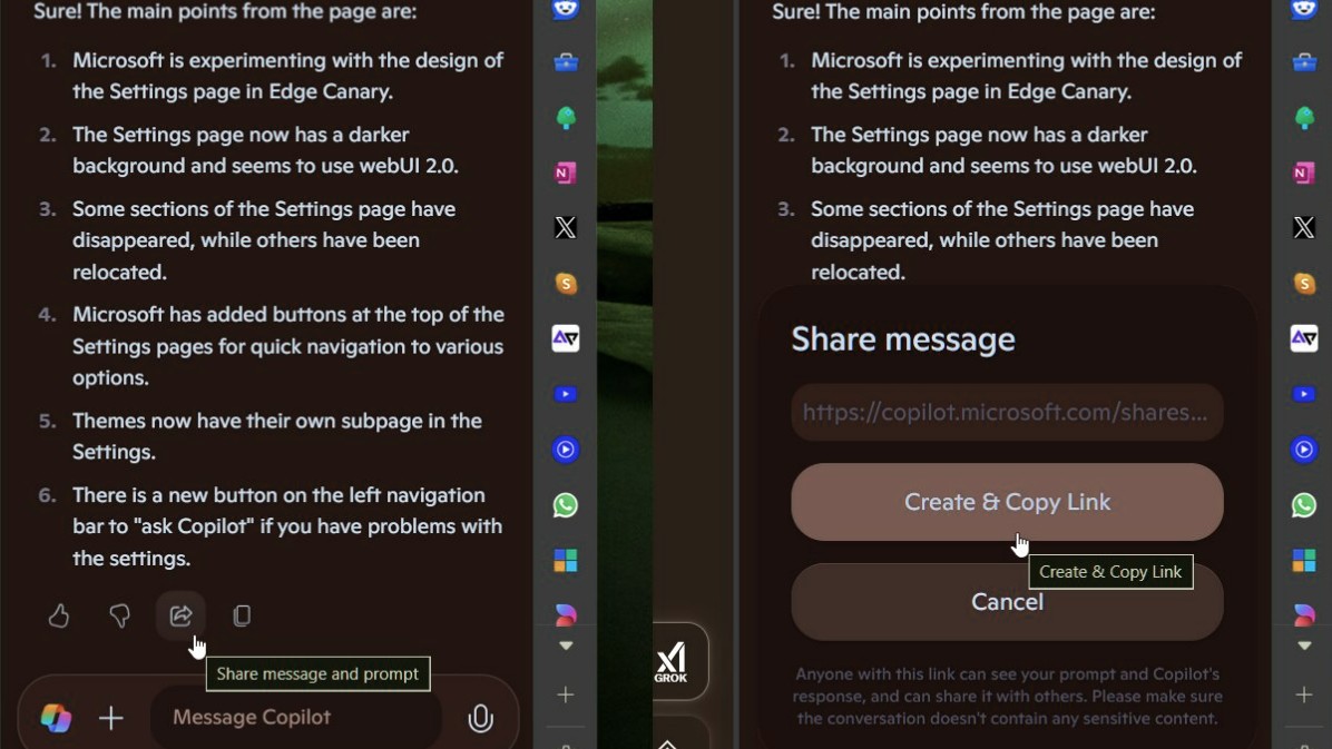 Novos recursos de compartilhamento de link para Copilot no Edge