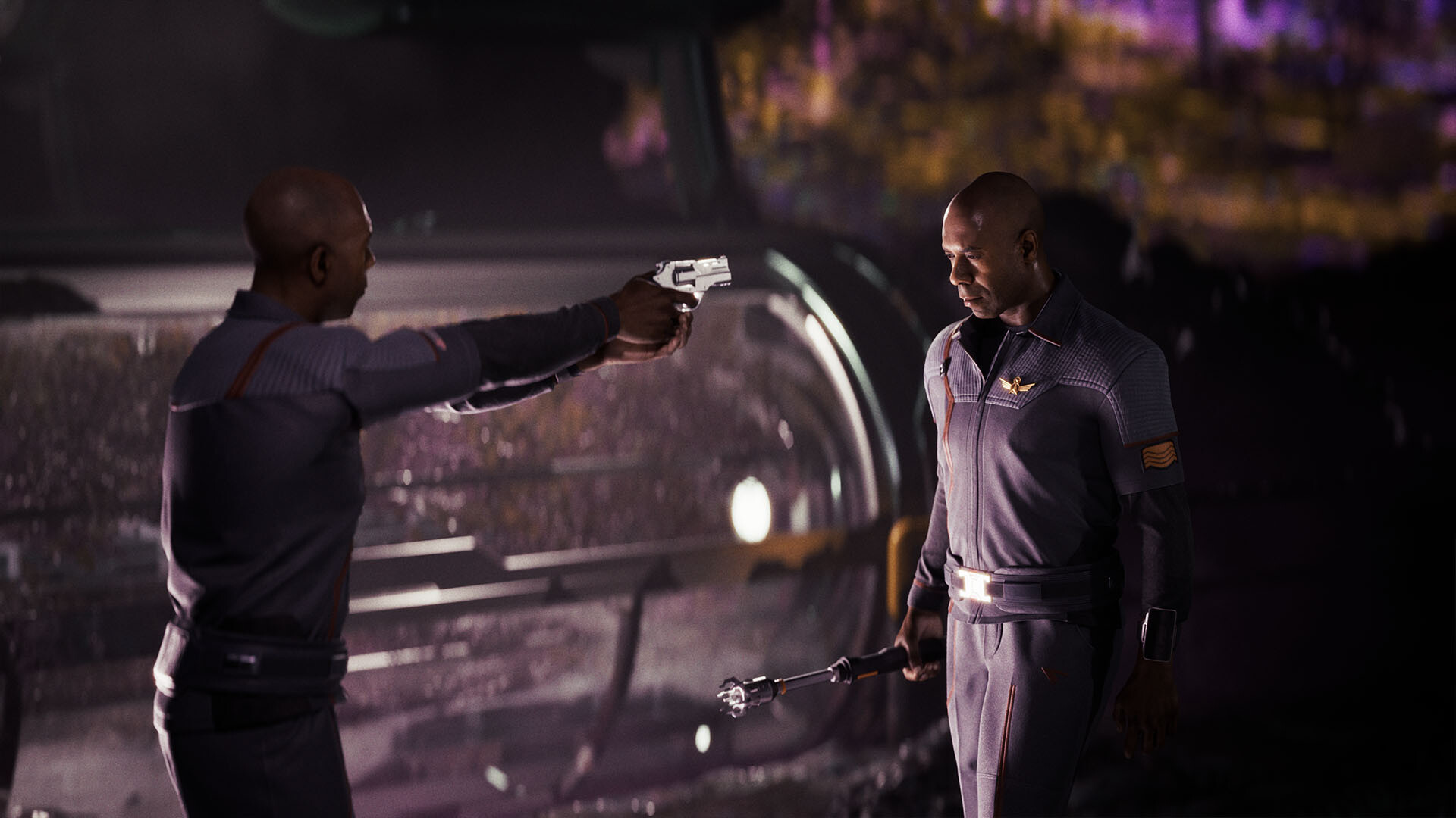 A man points a gun at his doppelganger in Directive 8020.