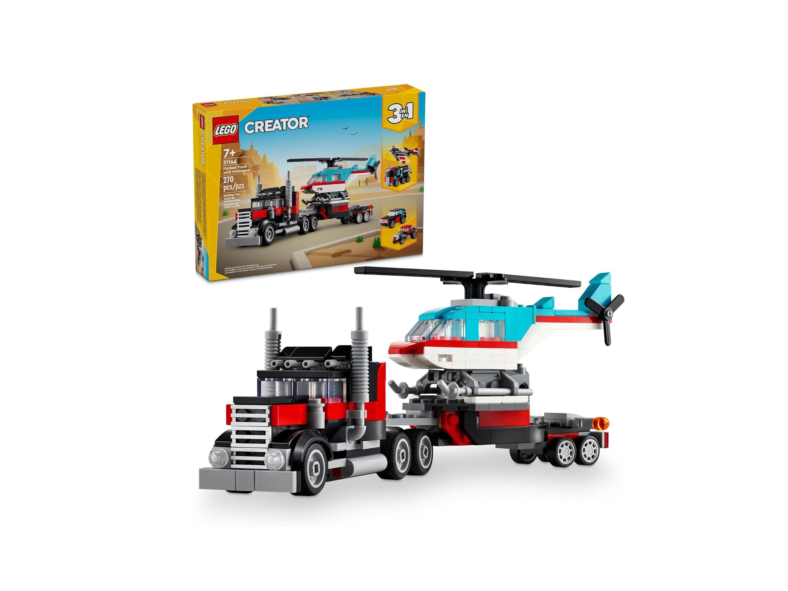 A display of what you can make with the Lego Creator 3-in-1 Flatbed Truck with Helicopter set.