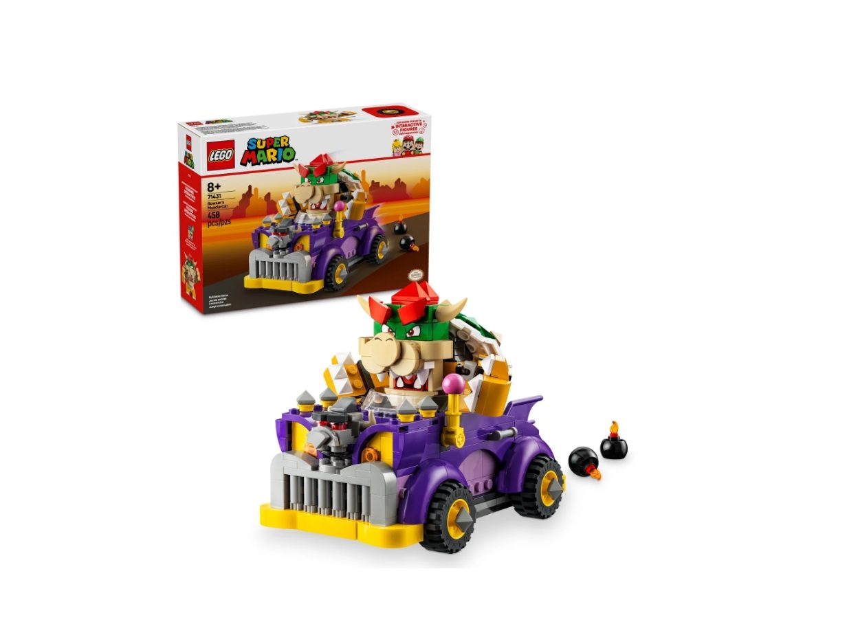 Bowser in his muscle car as a part of a Lego set.