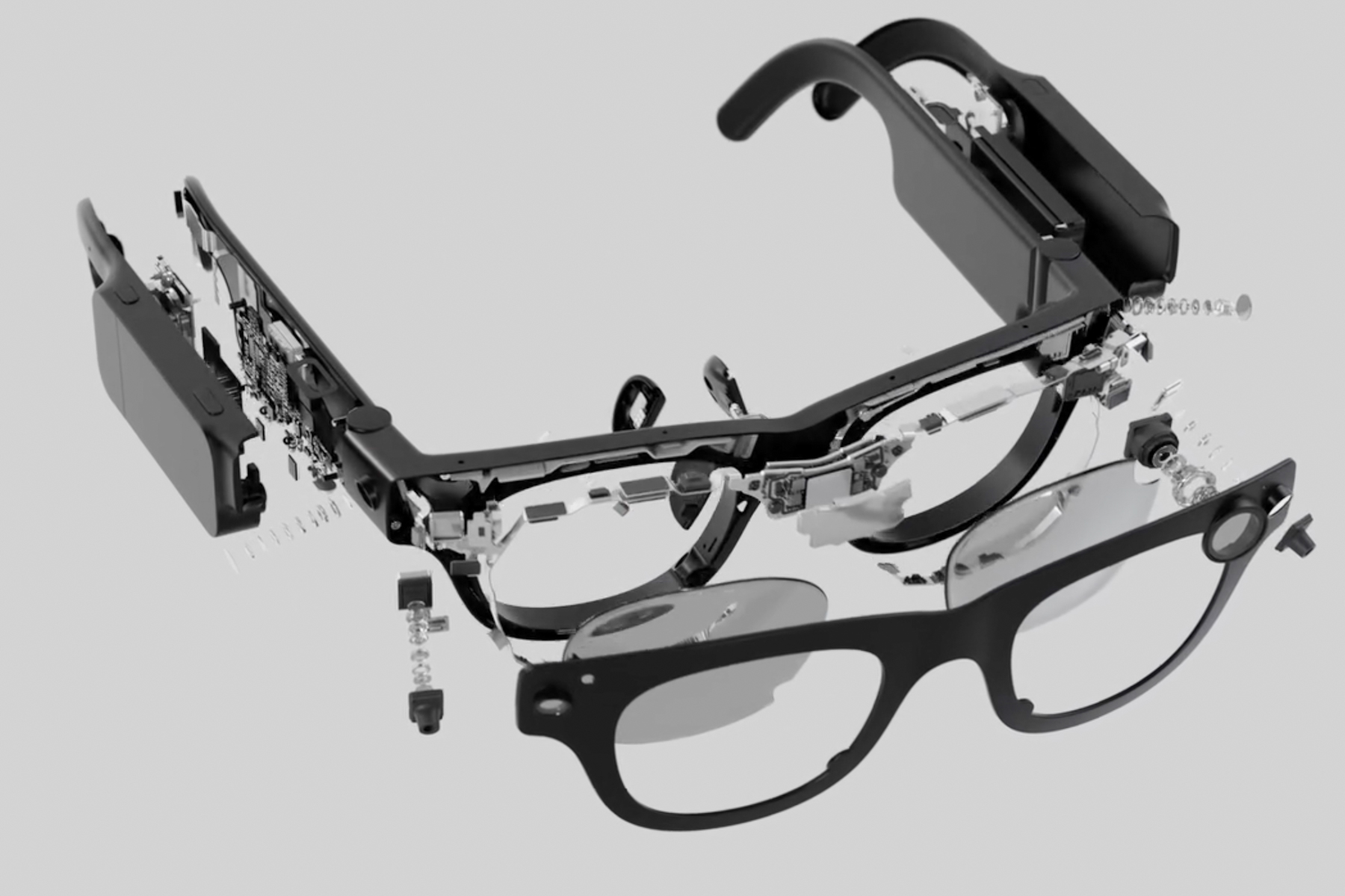 Disassembled view of the Meta Gen 2 Aria smart glasses.