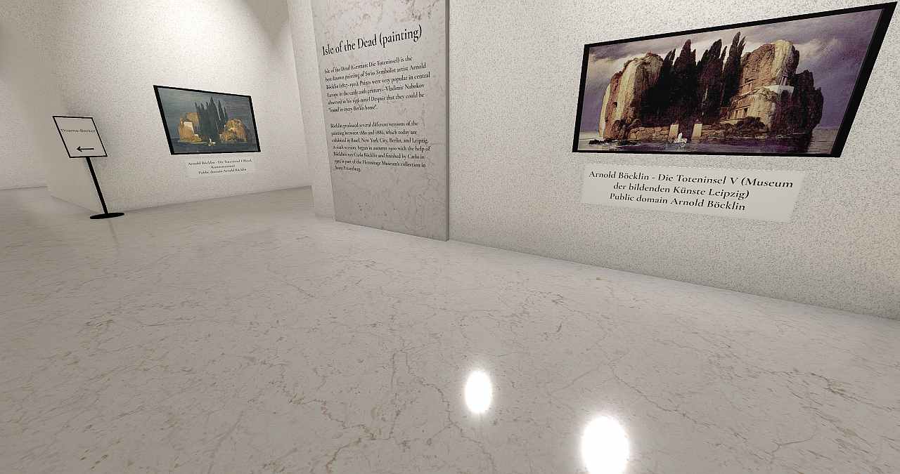 Eine digitale Ausstellung zum Gemälde „Insel der Toten“ zeigt eine Textwand und zwei Versionen des Gemäldes.