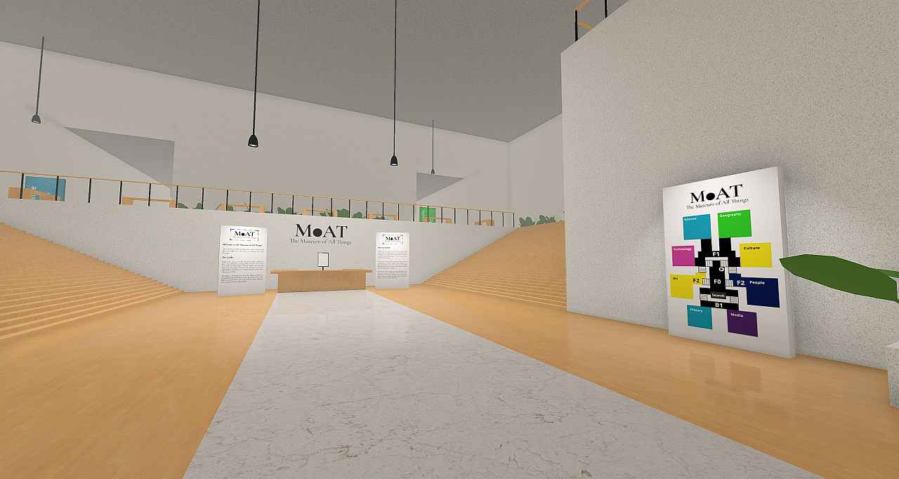 A digital lobby for a museum shows a front desk with signs and a colorful map.