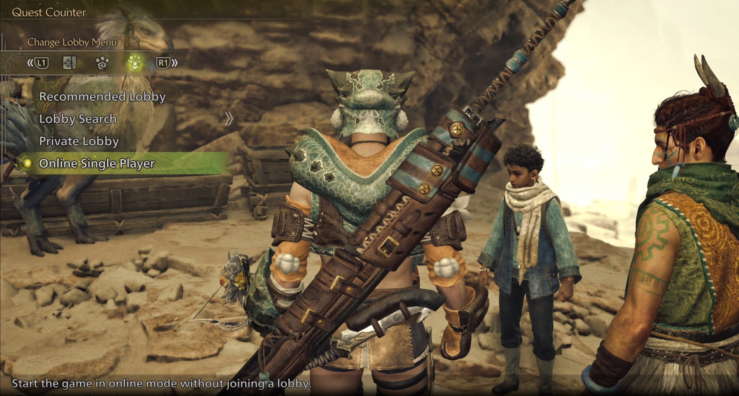 Jogando em um lobby online para um jogador em Monster Hunter Wilds.