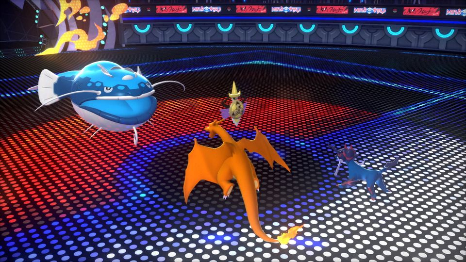 Charizard e outros Pokémon lutando em Pokémon Champions.