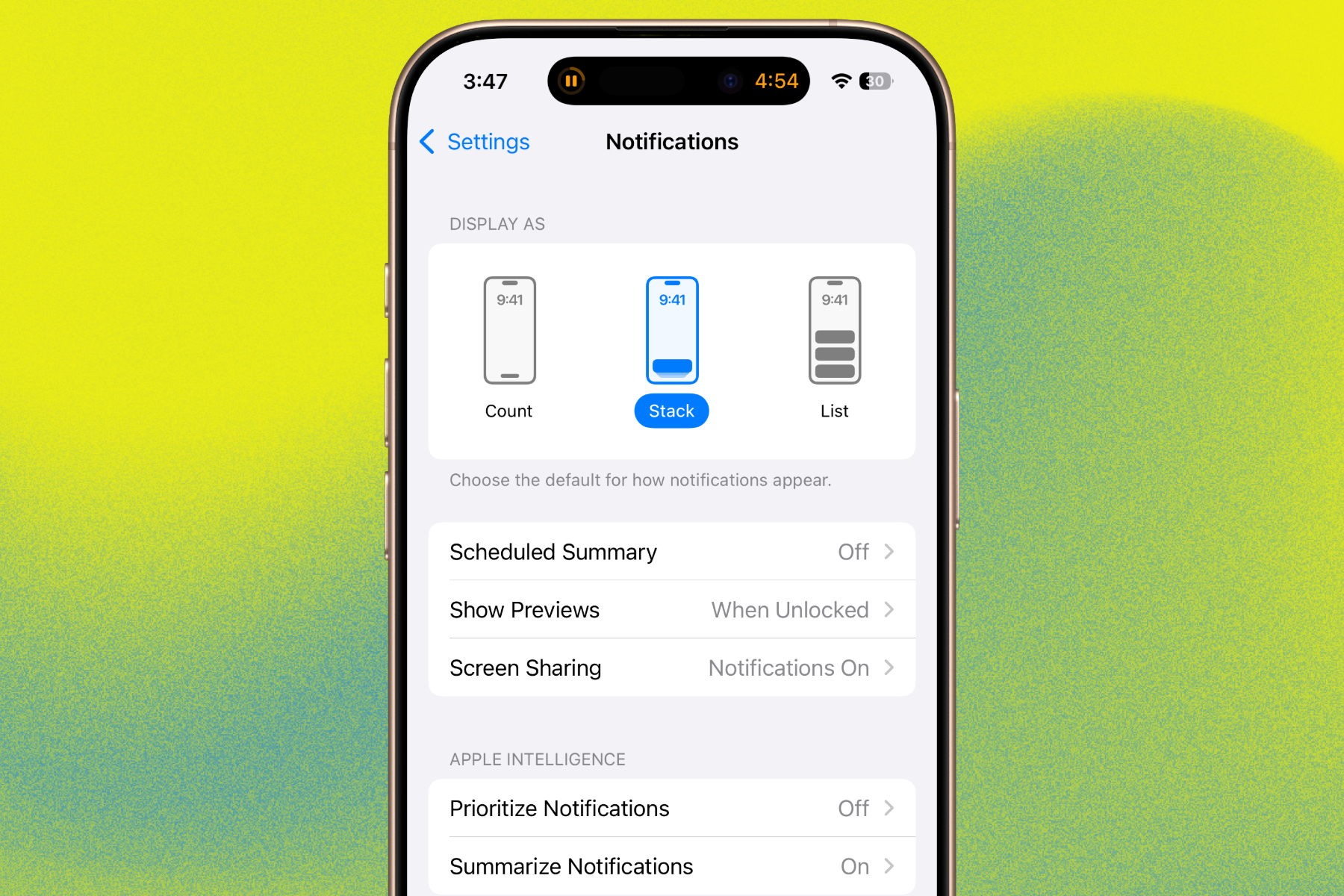 Priority Notifications toggle on an iPhone