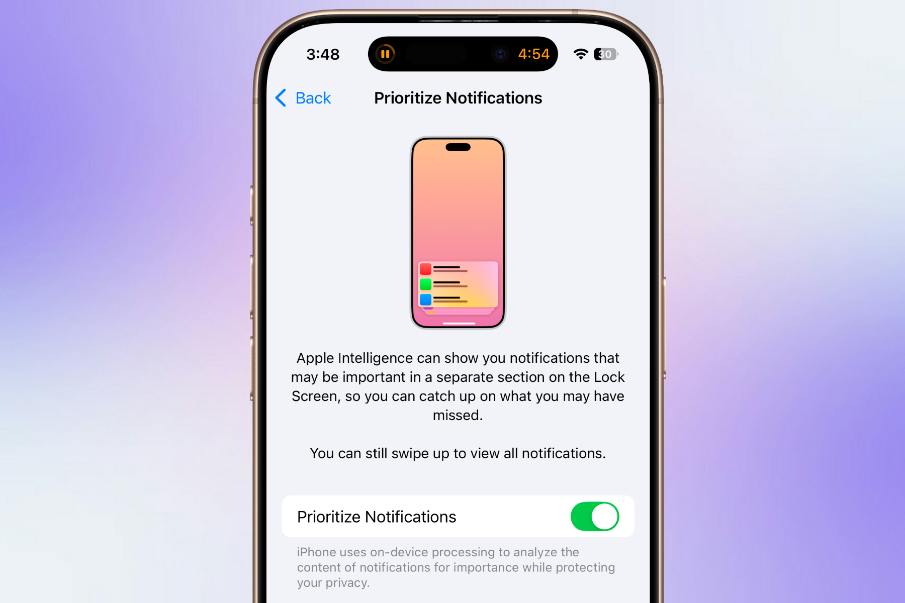 Priority Notifications setup on an iPhone