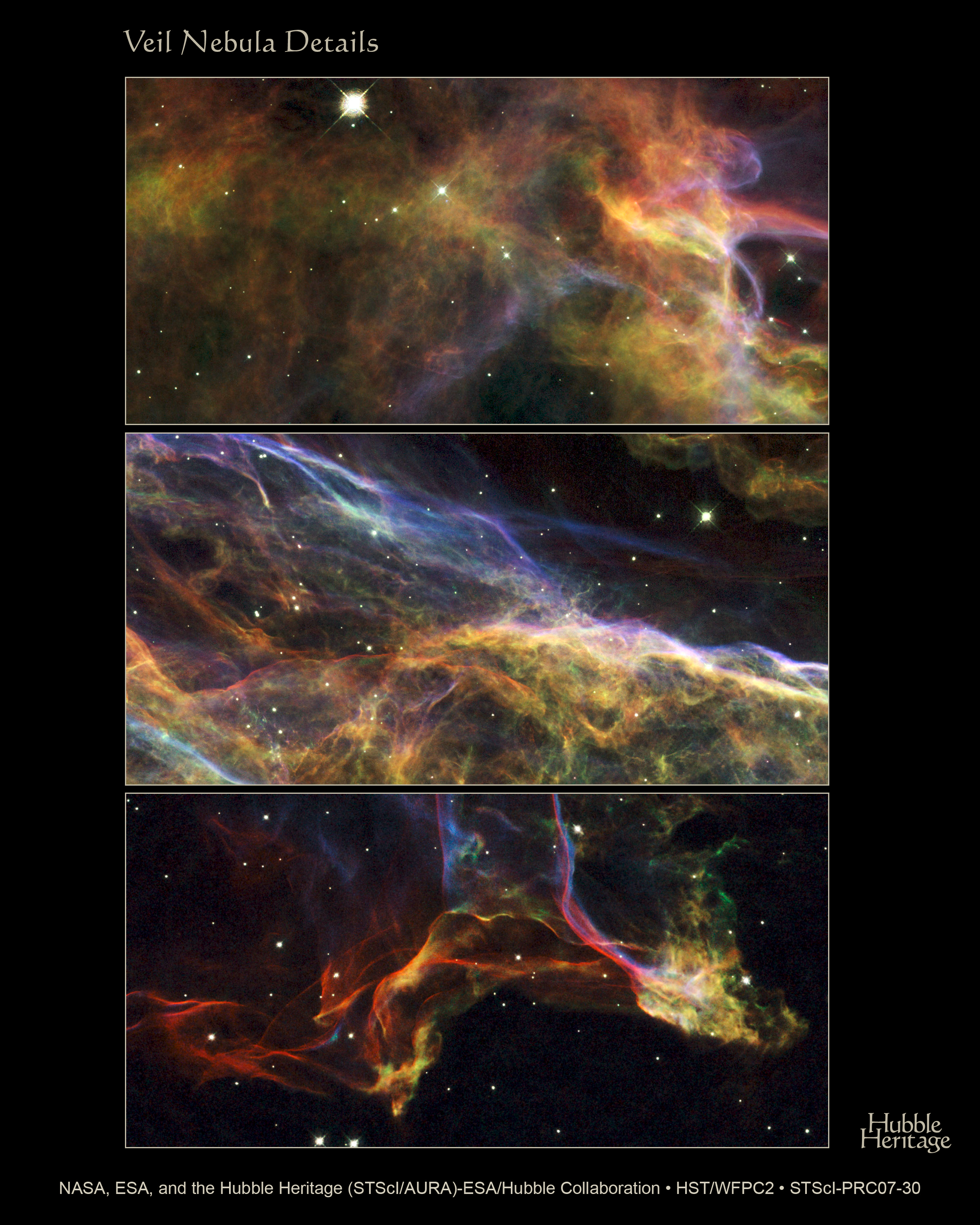 NASA's Hubble Space Telescope photographed three magnificent sections of the Veil Nebula – the shattered remains of a supernova that exploded thousands of years ago. This series of images provides beautifully detailed views of the delicate, wispy structure resulting from this cosmic explosion. 